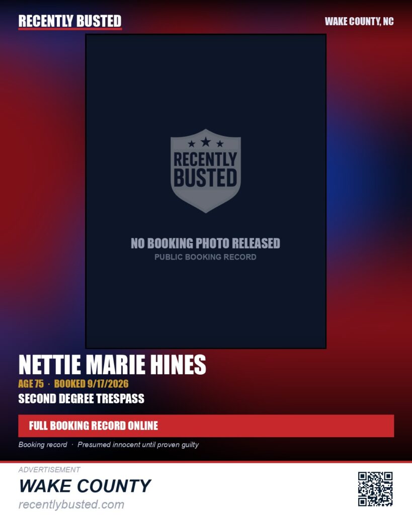 NETTIE MARIE HINES — arrest record card, Wake County, North Carolina