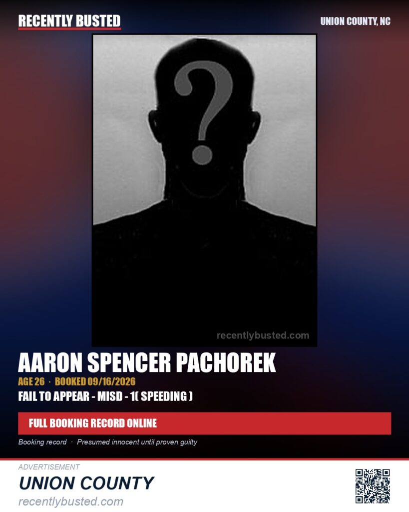 PACHOREK, AARON SPENCER — arrest record card, Union County, North Carolina
