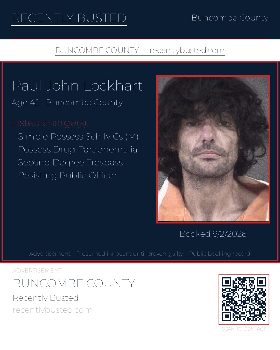 PAUL JOHN LOCKHART — arrest record card, Buncombe County, North Carolina