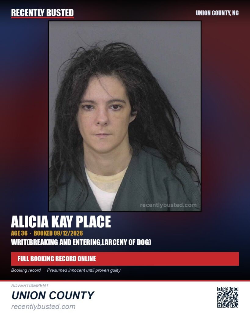 PLACE, ALICIA KAY — arrest record card, Union County, North Carolina