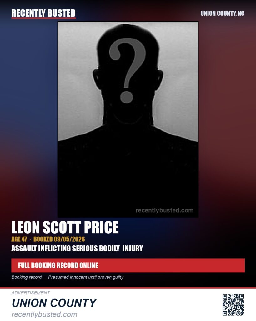 PRICE, LEON SCOTT — arrest record card, Union County, North Carolina