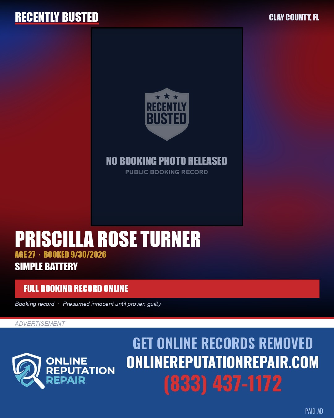 PRISCILLA ROSE TURNER — arrest record card, Clay County, Florida