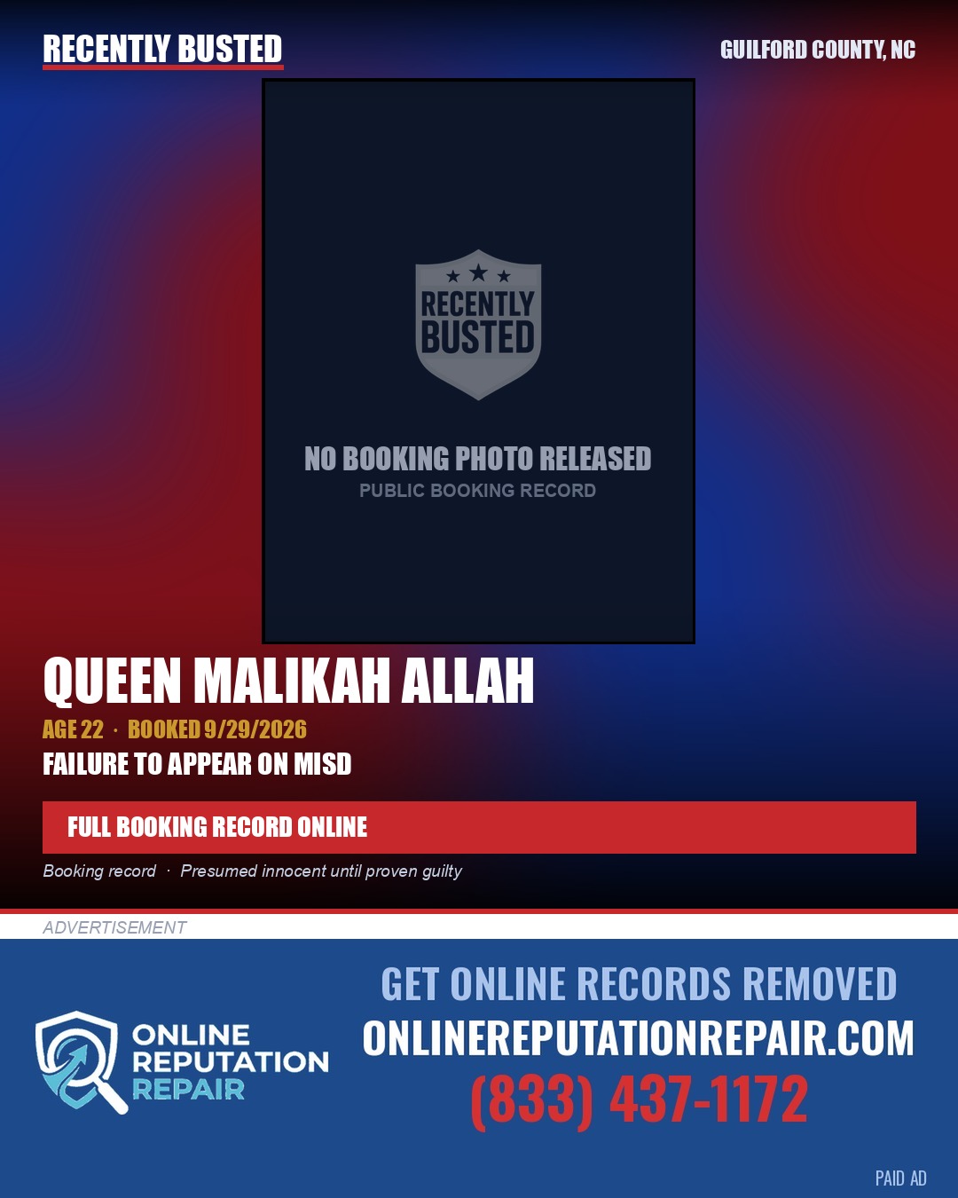 QUEEN MALIKAH ALLAH — arrest record card, Guilford County, North Carolina