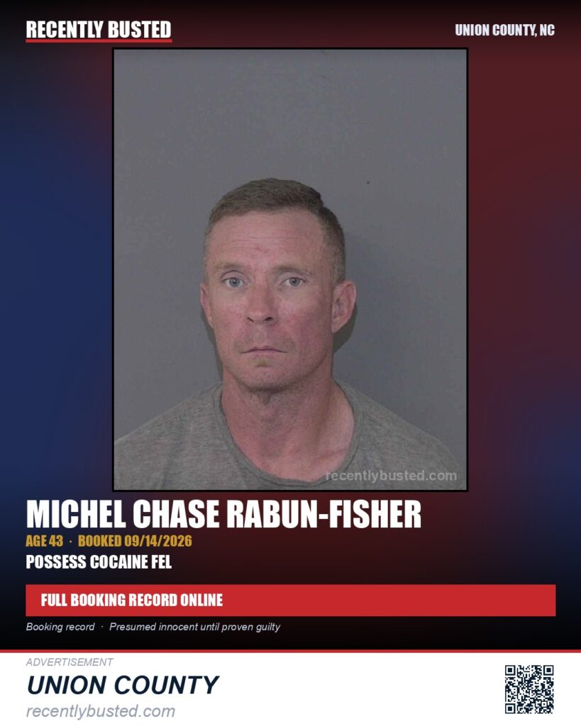 RABUN-FISHER, MICHEL CHASE — arrest record card, Union County, North Carolina