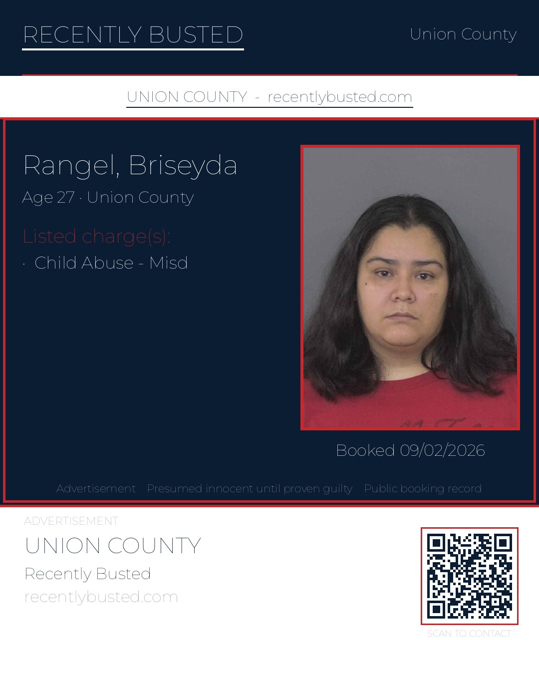 RANGEL, BRISEYDA — arrest record card, Union County, North Carolina