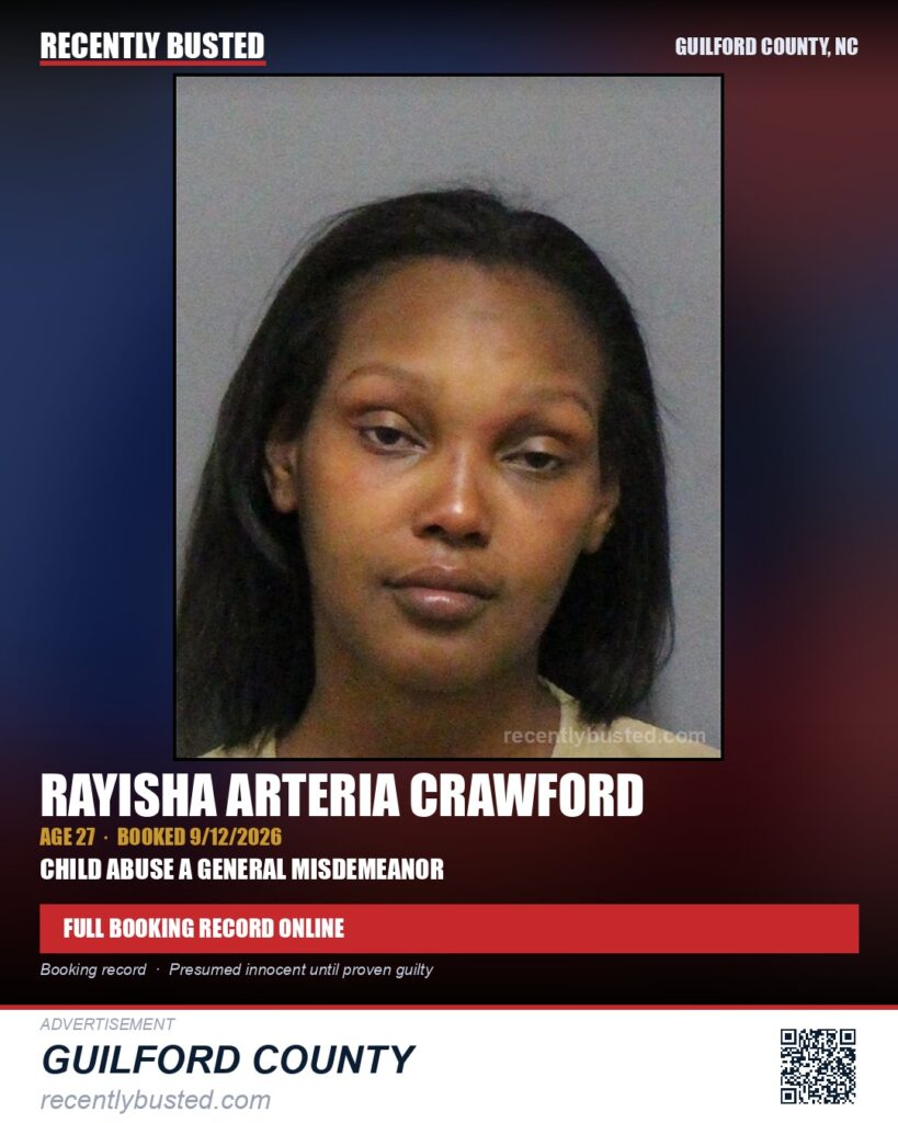 RAYISHA ARTERIA CRAWFORD — arrest record card, Guilford County, North Carolina