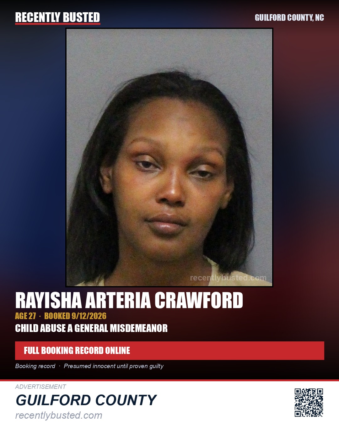 RAYISHA ARTERIA CRAWFORD — arrest record card, Guilford County, North Carolina