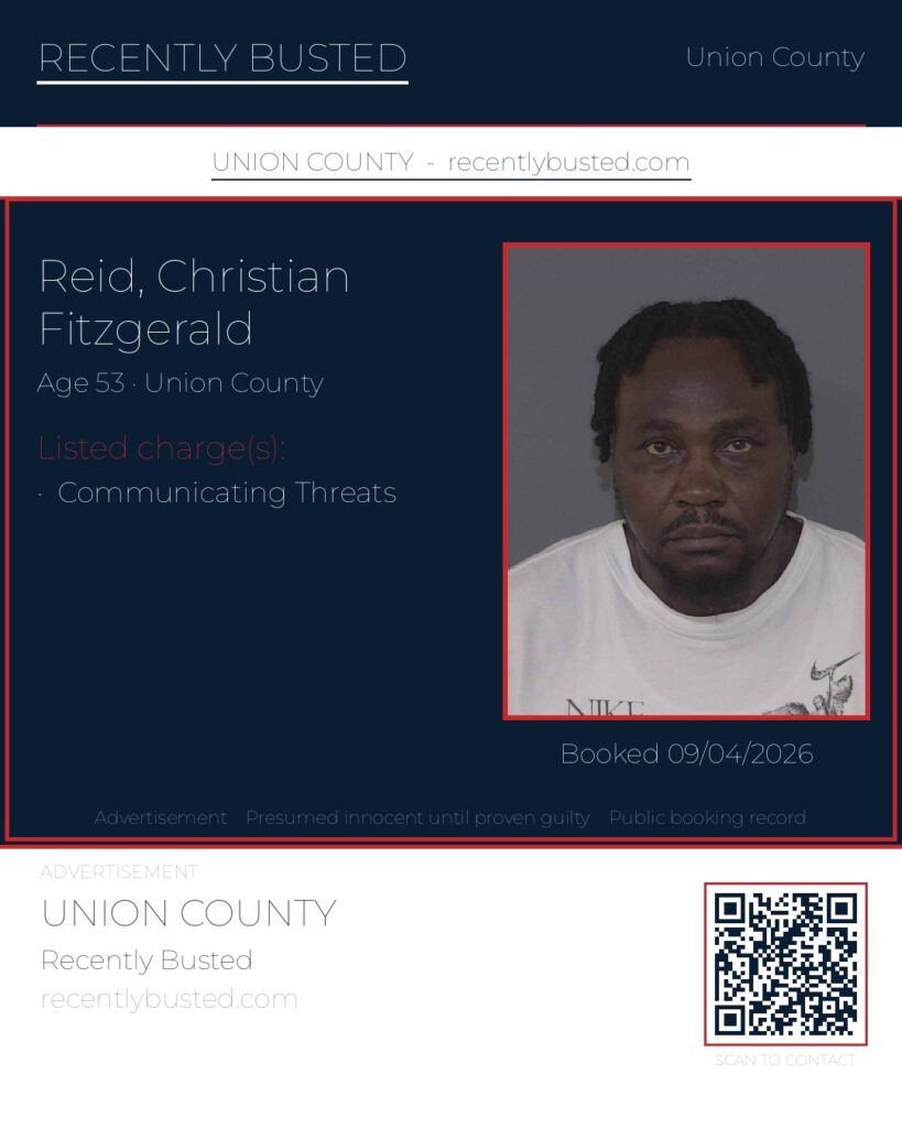REID, CHRISTIAN FITZGERALD — arrest record card, Union County, North Carolina