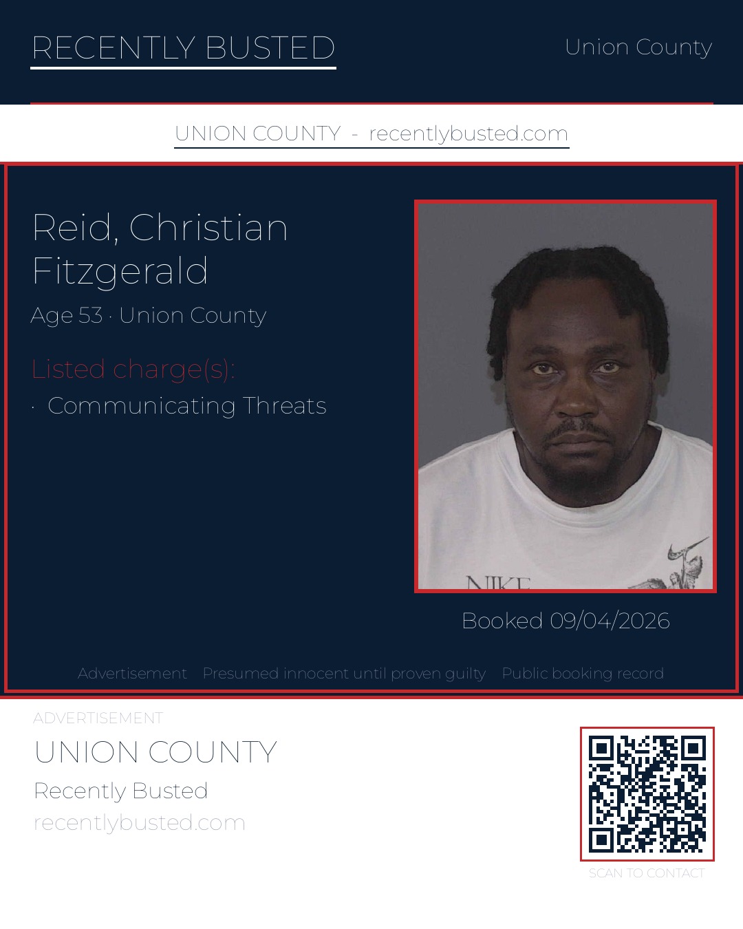 REID, CHRISTIAN FITZGERALD — arrest record card, Union County, North Carolina