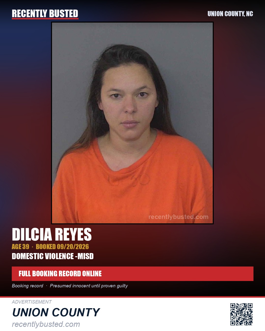 REYES, DILCIA — arrest record card, Union County, North Carolina