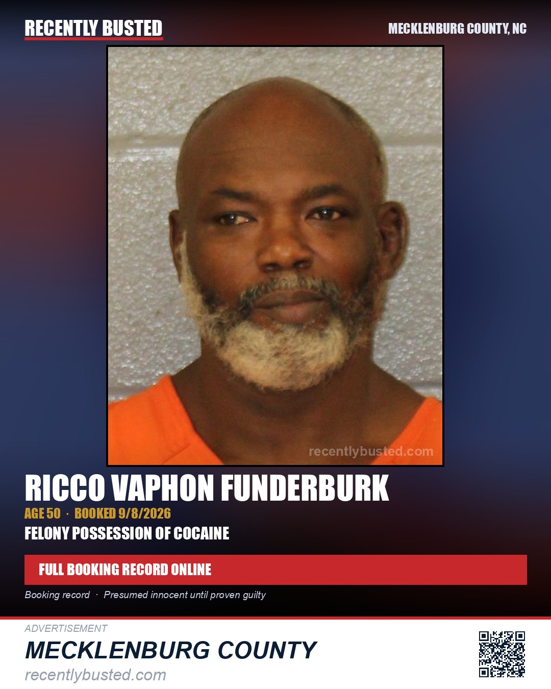 RICCO VAPHON FUNDERBURK — arrest record card, Mecklenburg County, North Carolina