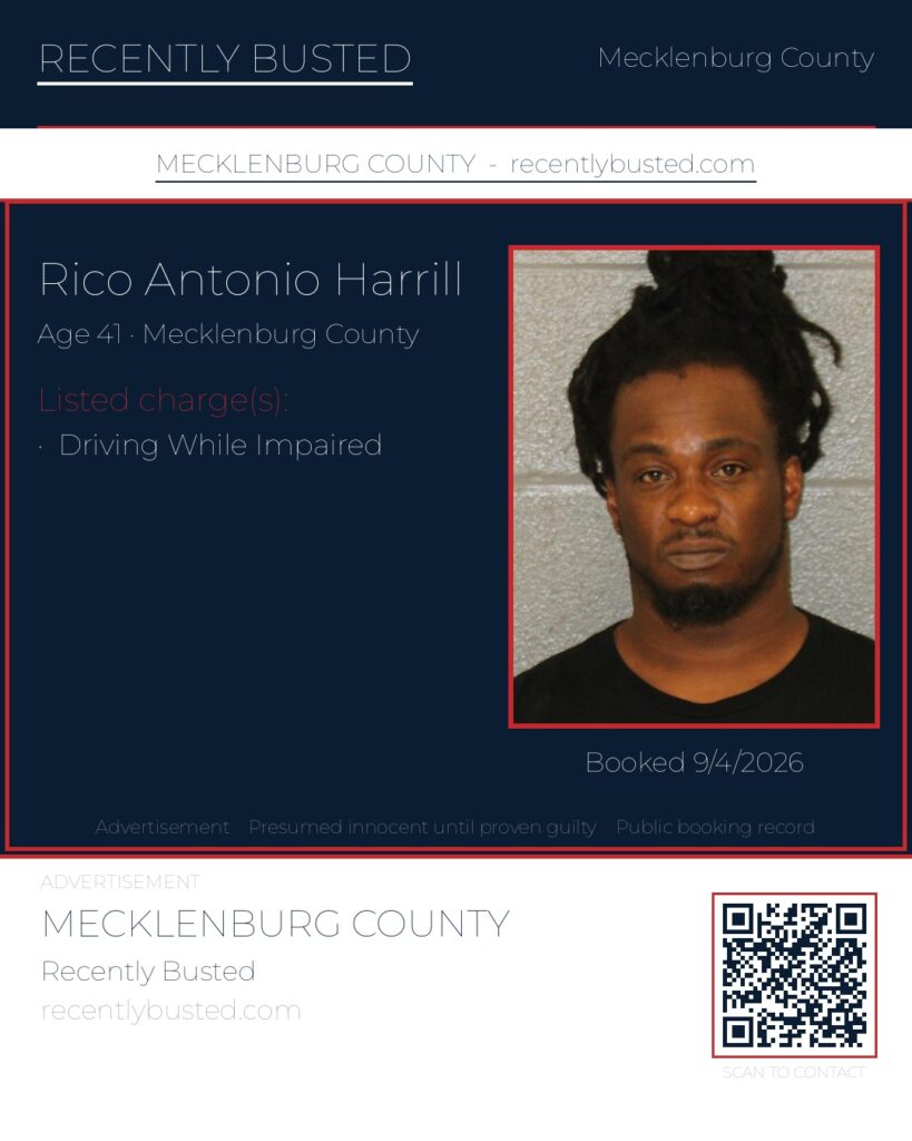 RICO ANTONIO HARRILL — arrest record card, Mecklenburg County, North Carolina