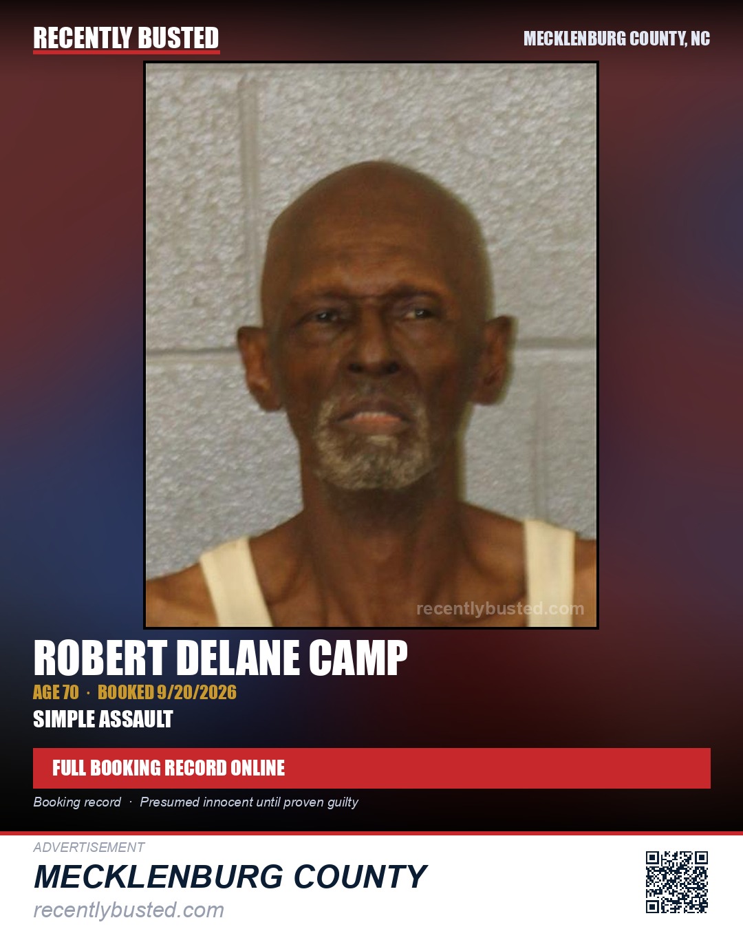 ROBERT DELANE CAMP — arrest record card, Mecklenburg County, North Carolina