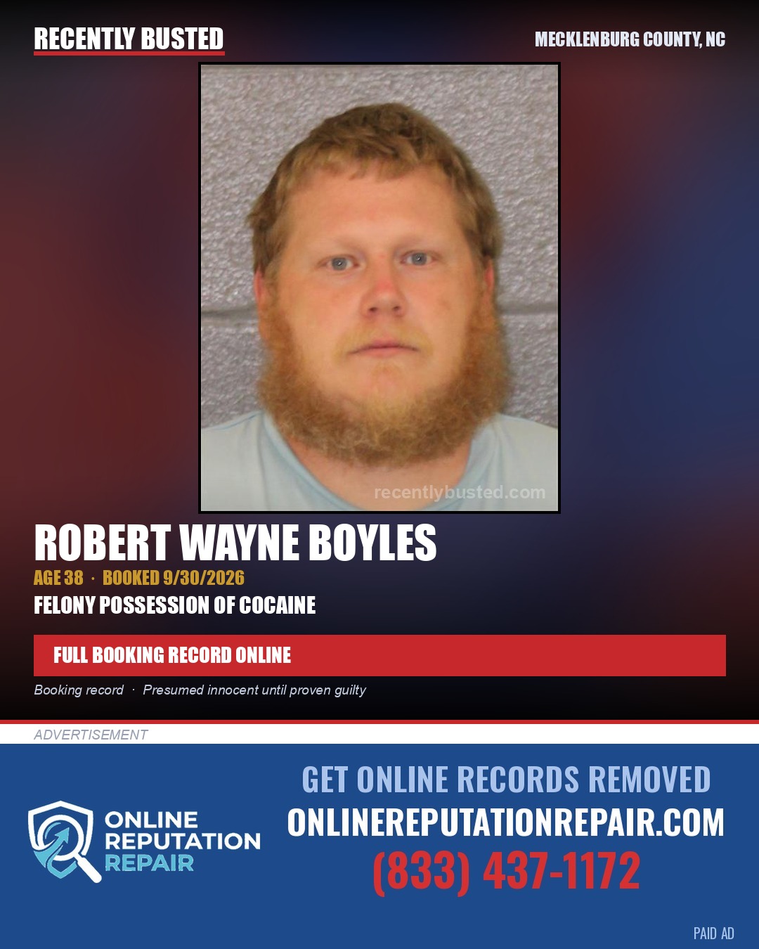 ROBERT WAYNE BOYLES — arrest record card, Mecklenburg County, North Carolina