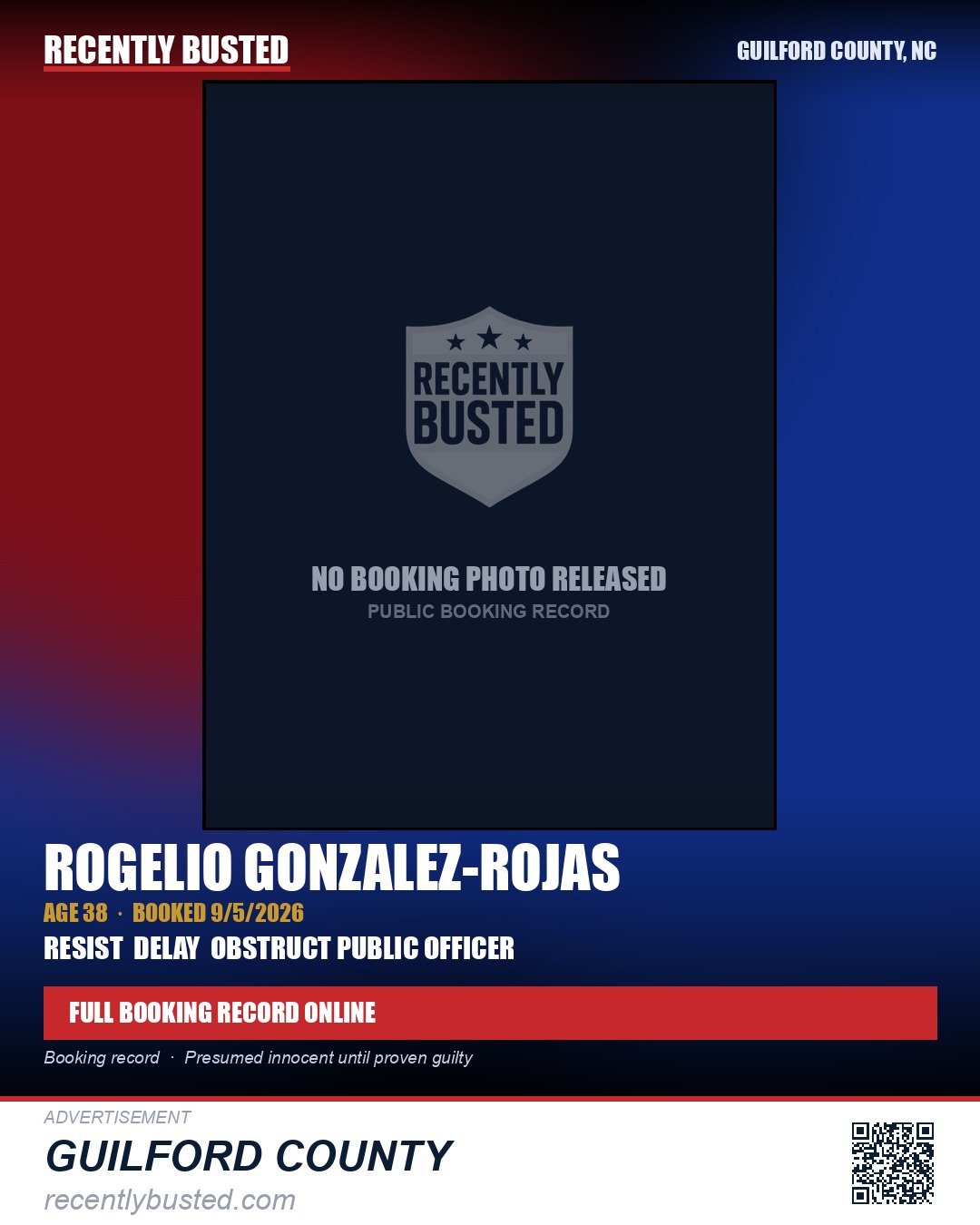 ROGELIO GONZALEZ-ROJAS — arrest record card, Guilford County, North Carolina