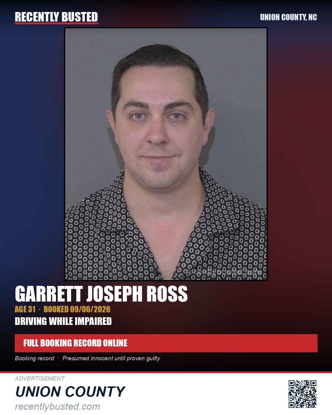 ROSS, GARRETT JOSEPH — arrest record card, Union County, North Carolina