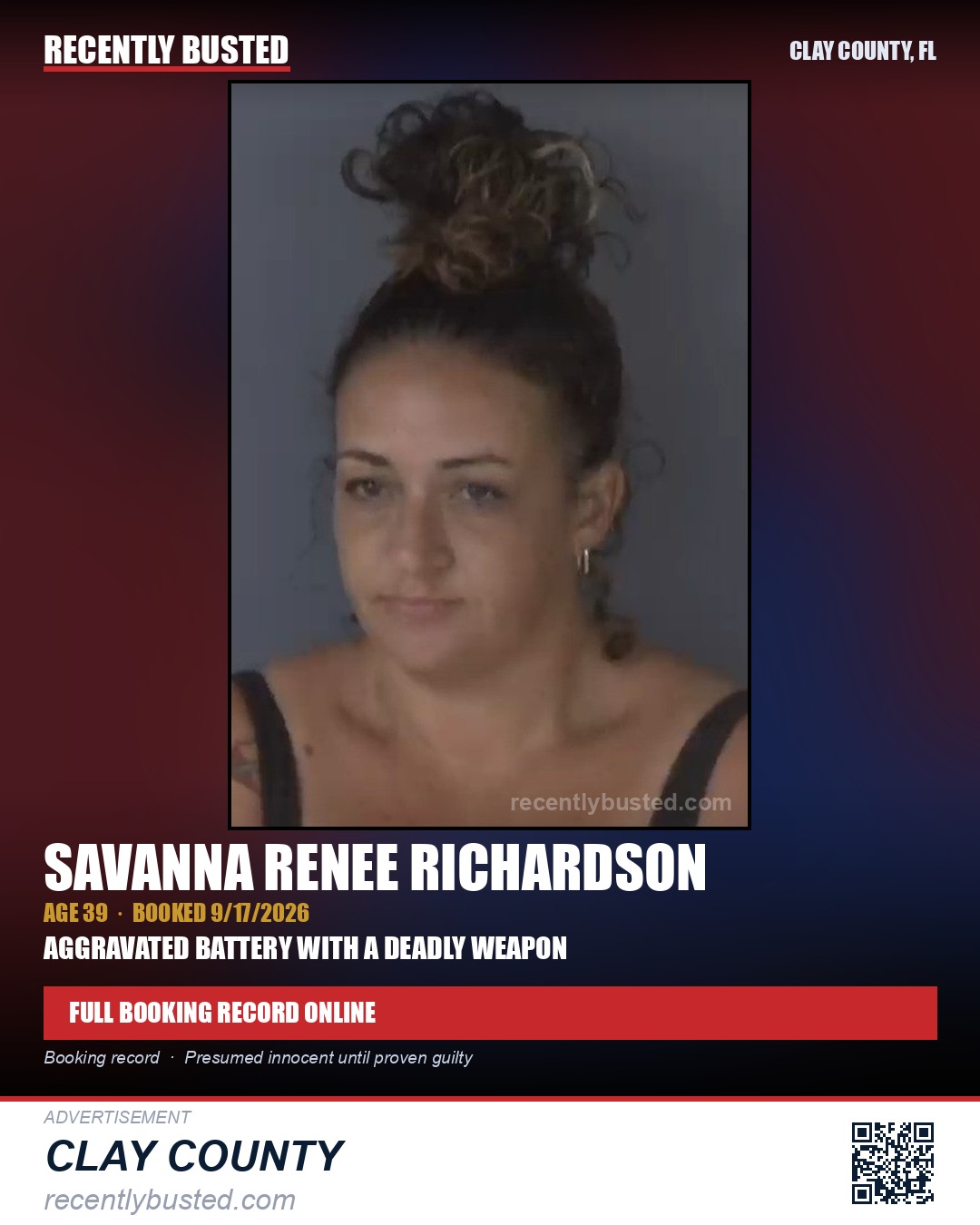 SAVANNA RENEE RICHARDSON — arrest record card, Clay County, Florida