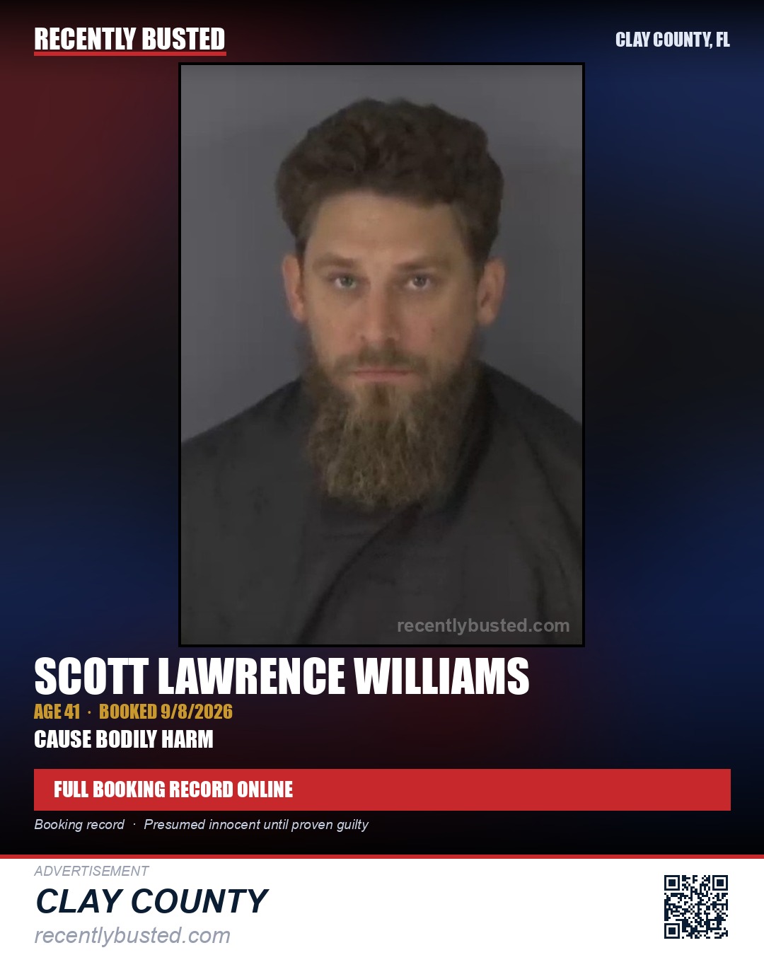 SCOTT LAWRENCE WILLIAMS — arrest record card, Clay County, Florida