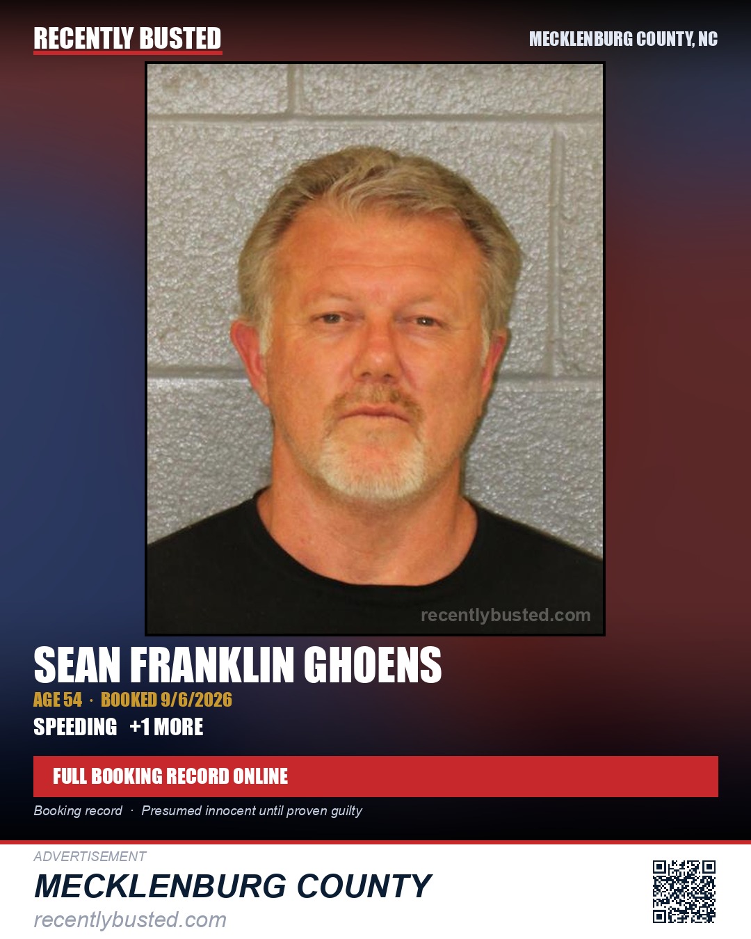 SEAN FRANKLIN GHOENS — arrest record card, Mecklenburg County, North Carolina