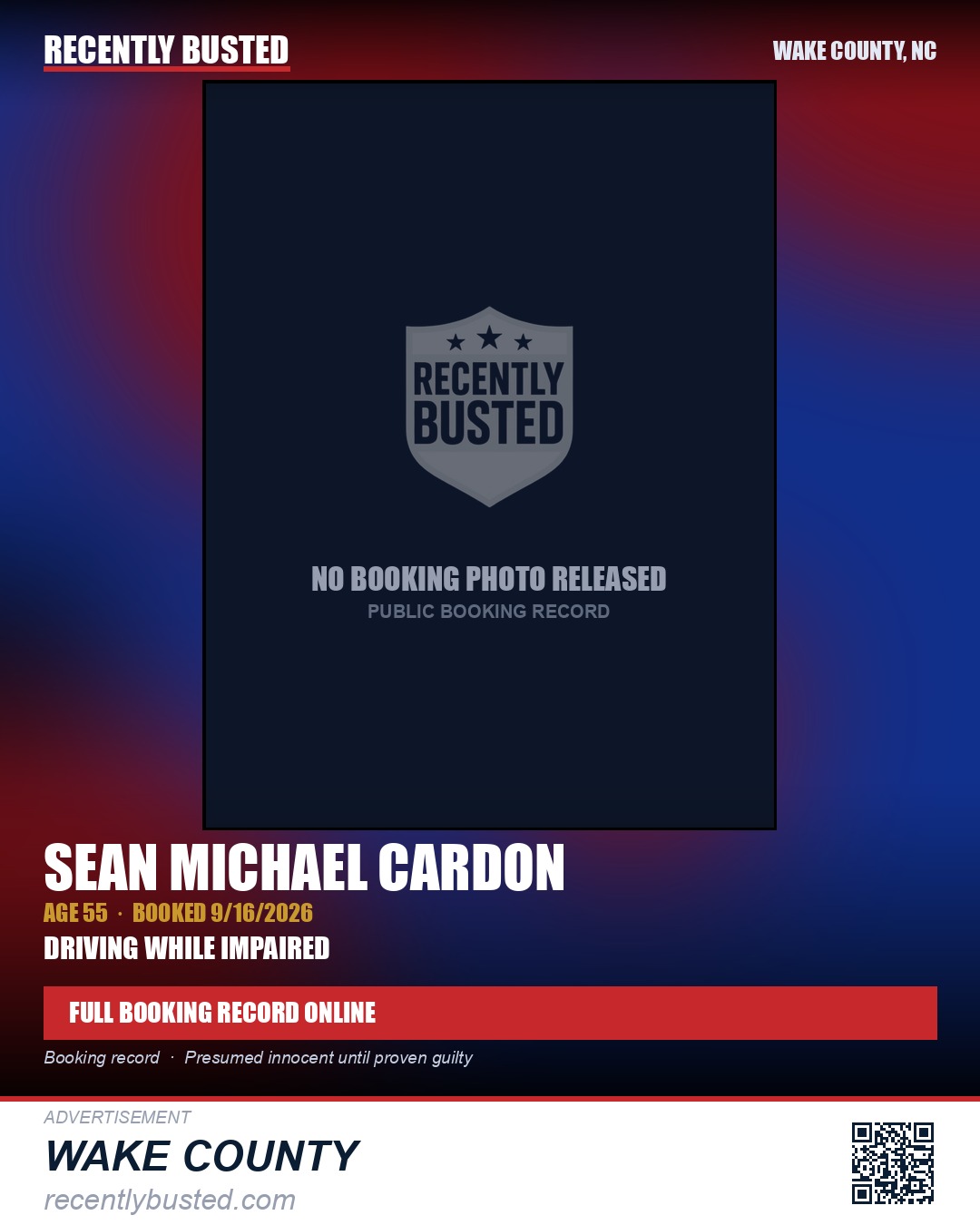 SEAN MICHAEL CARDON — arrest record card, Wake County, North Carolina