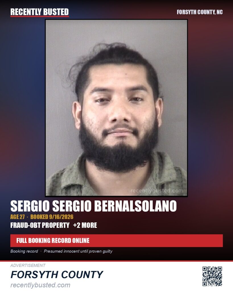 SERGIO SERGIO BERNALSOLANO — arrest record card, Forsyth County, North Carolina