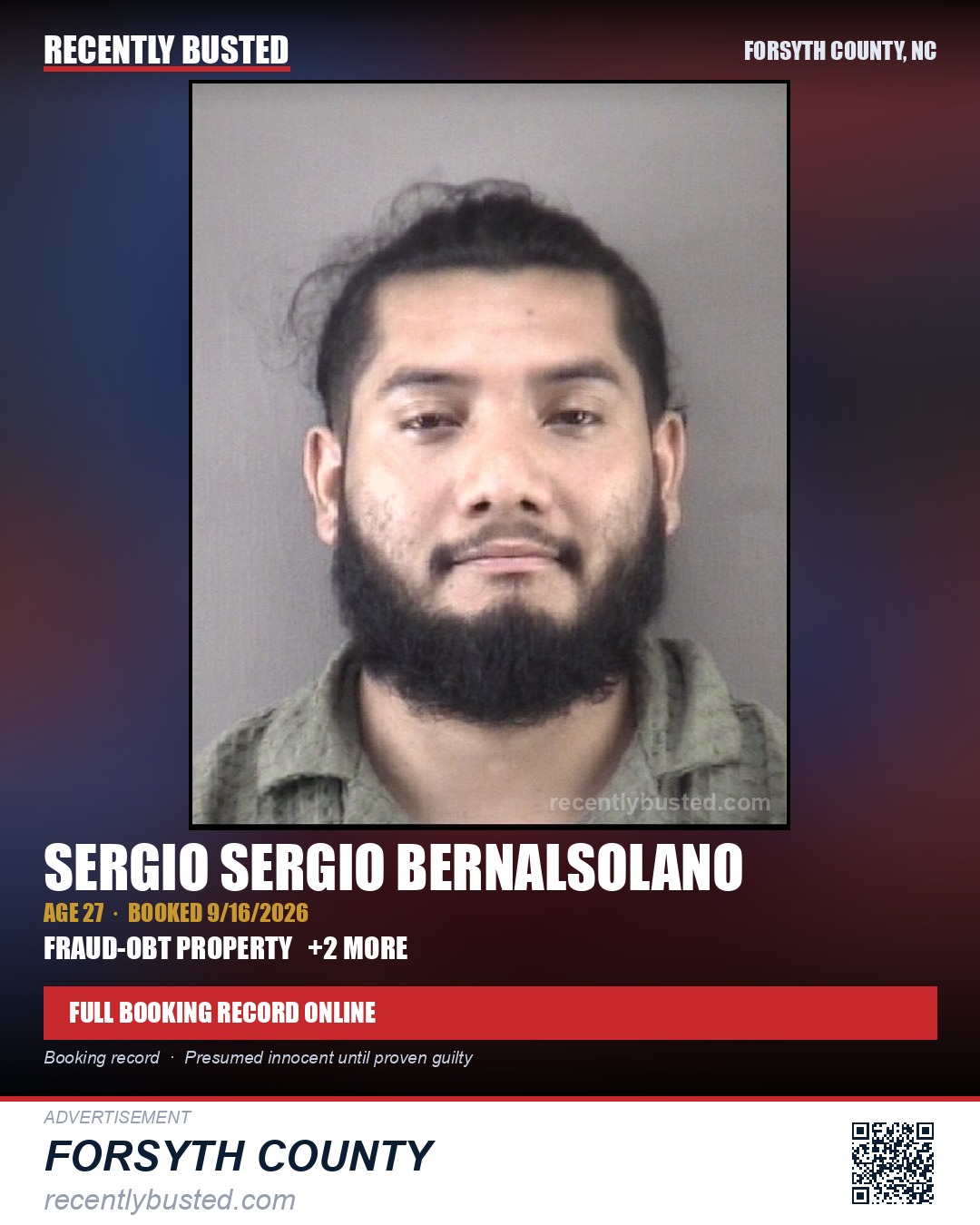 SERGIO SERGIO BERNALSOLANO — arrest record card, Forsyth County, North Carolina