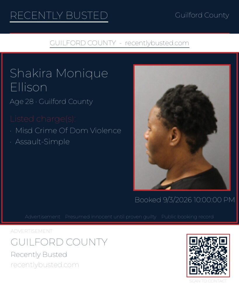 SHAKIRA MONIQUE ELLISON — arrest record card, Guilford County, North Carolina