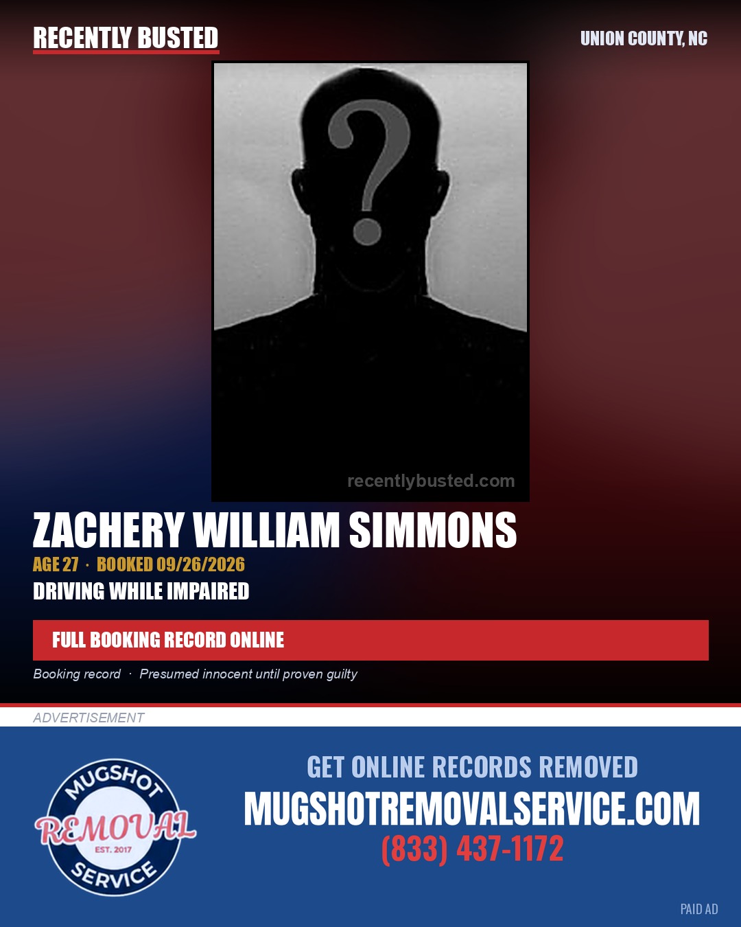 SIMMONS, ZACHERY WILLIAM — arrest record card, Union County, North Carolina