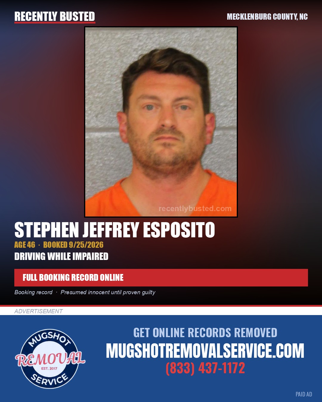 STEPHEN JEFFREY ESPOSITO — arrest record card, Mecklenburg County, North Carolina