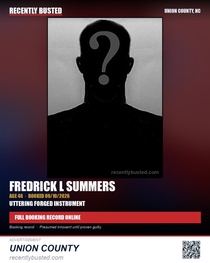 SUMMERS, FREDRICK L — arrest record card, Union County, North Carolina