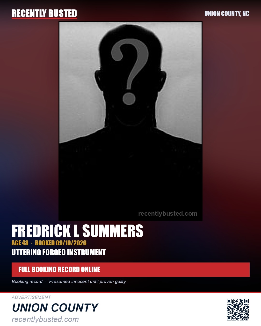 SUMMERS, FREDRICK L — arrest record card, Union County, North Carolina