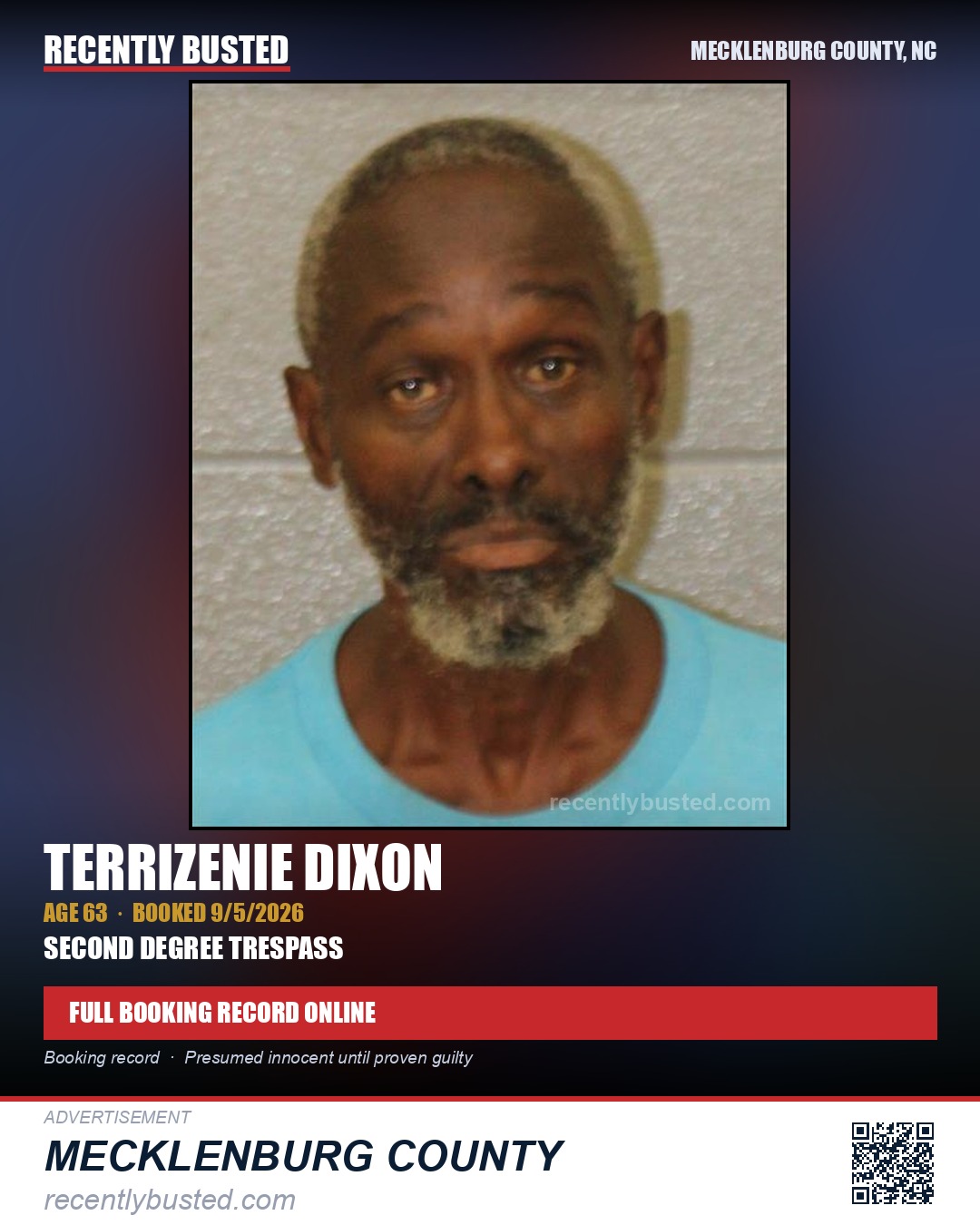 TERRIZENIE DIXON — arrest record card, Mecklenburg County, North Carolina