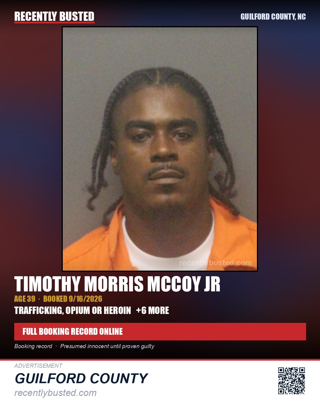 TIMOTHY MORRIS MCCOY JR — arrest record card, Guilford County, North Carolina