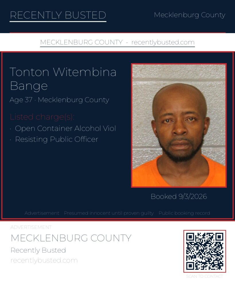 TONTON WITEMBINA BANGE — arrest record card, Mecklenburg County, North Carolina