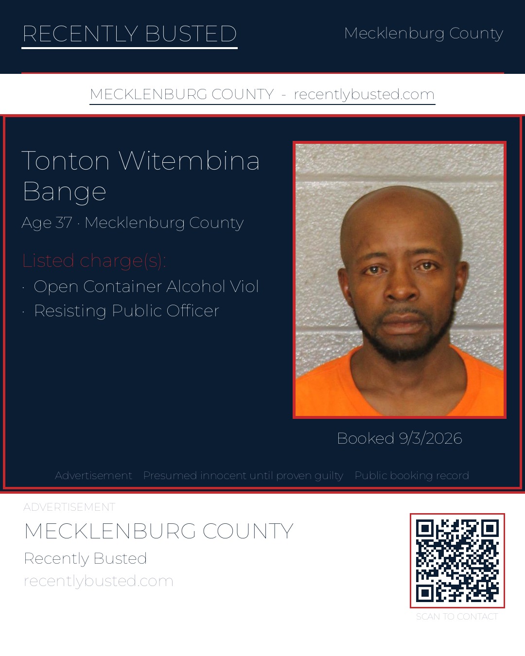 TONTON WITEMBINA BANGE — arrest record card, Mecklenburg County, North Carolina