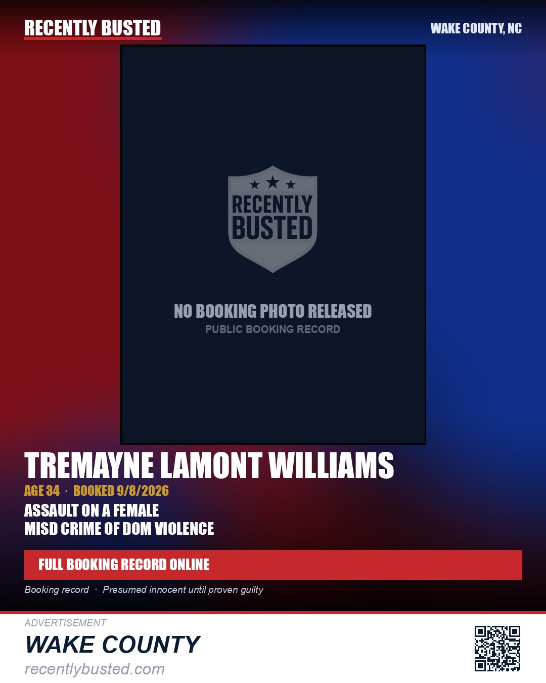 TREMAYNE LAMONT WILLIAMS — arrest record card, Wake County, North Carolina