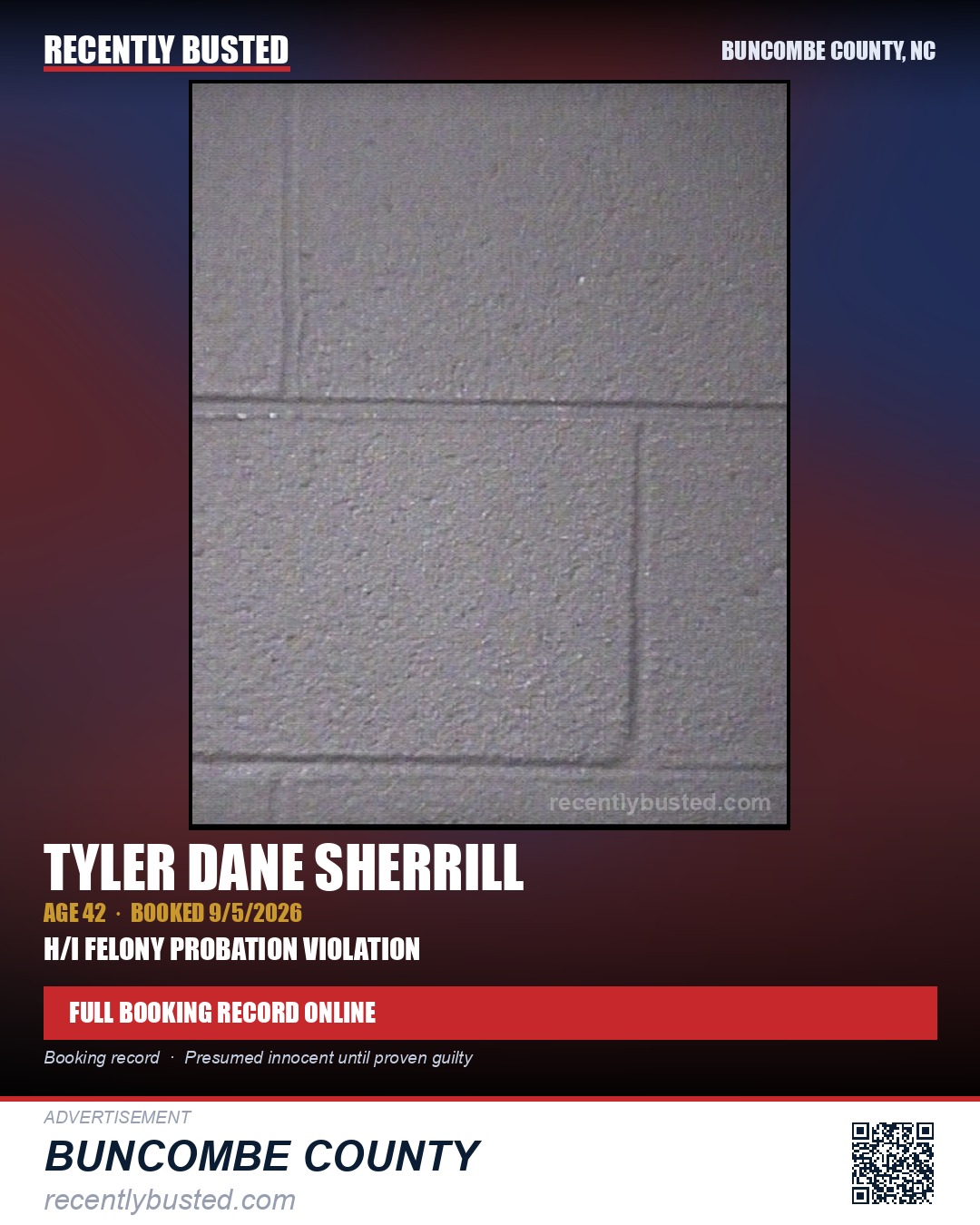 TYLER DANE SHERRILL — arrest record card, Buncombe County, North Carolina