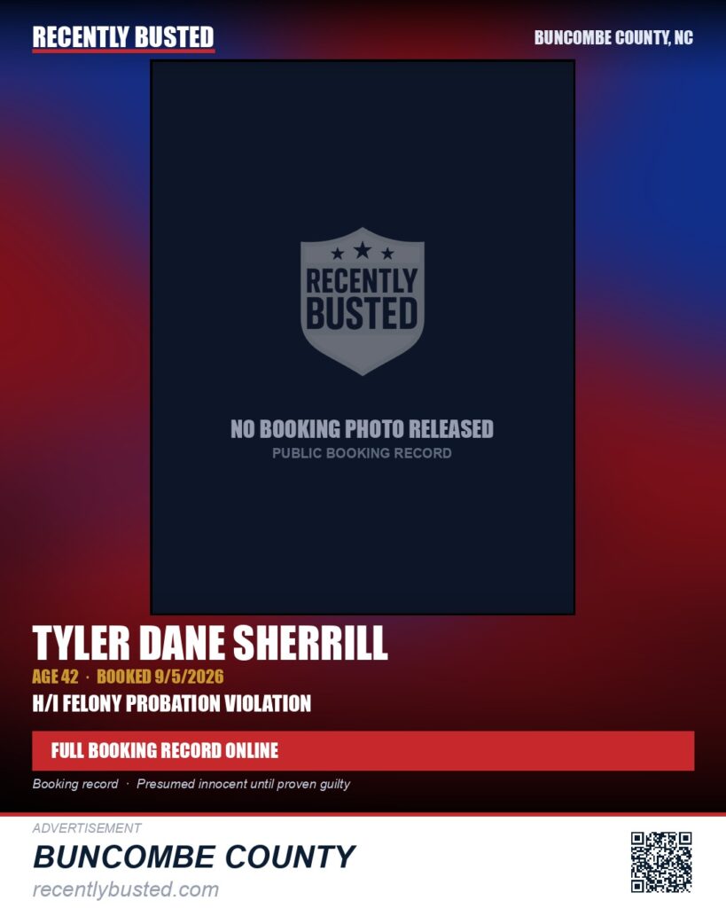 TYLER DANE SHERRILL — arrest record card, Buncombe County, North Carolina