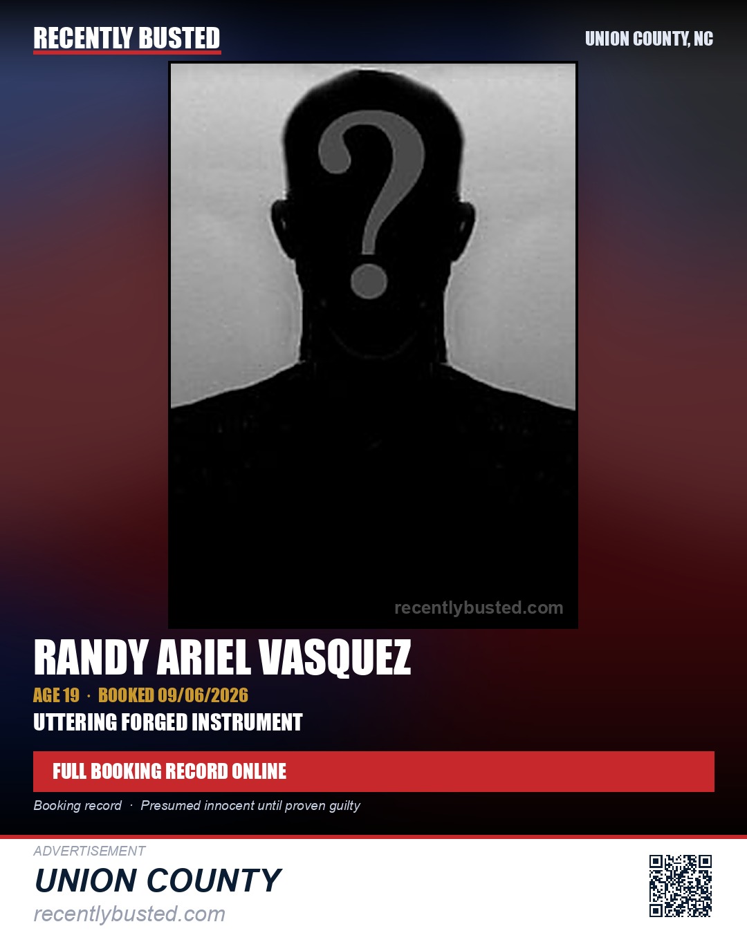 VASQUEZ, RANDY ARIEL — arrest record card, Union County, North Carolina