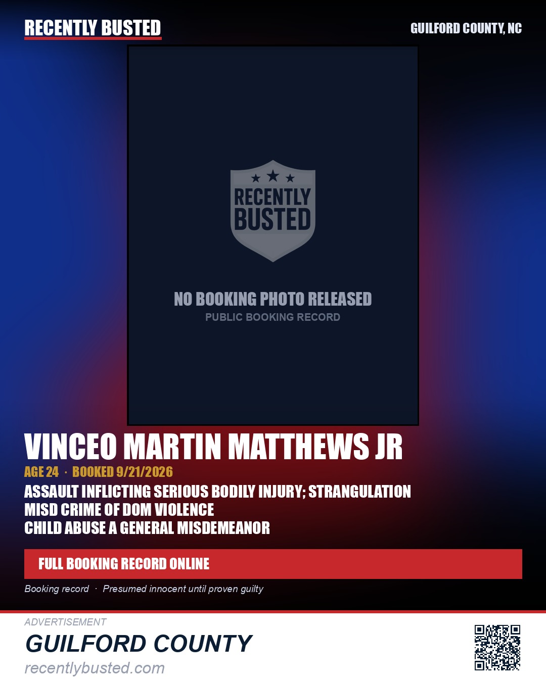 VINCEO MARTIN MATTHEWS JR — arrest record card, Guilford County, North Carolina
