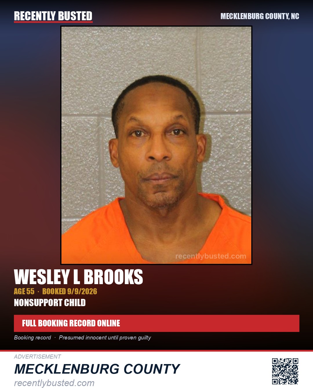 WESLEY L BROOKS — arrest record card, Mecklenburg County, North Carolina