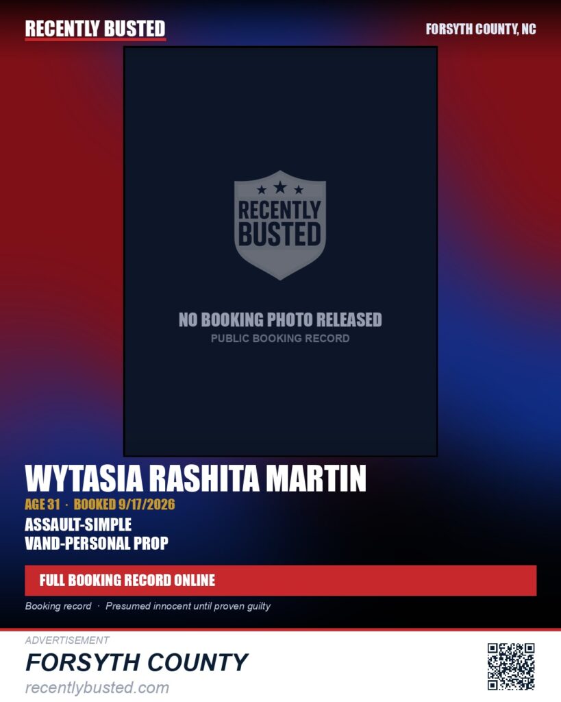 WYTASIA RASHITA MARTIN — arrest record card, Forsyth County, North Carolina