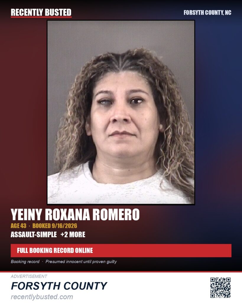 YEINY ROXANA ROMERO — arrest record card, Forsyth County, North Carolina