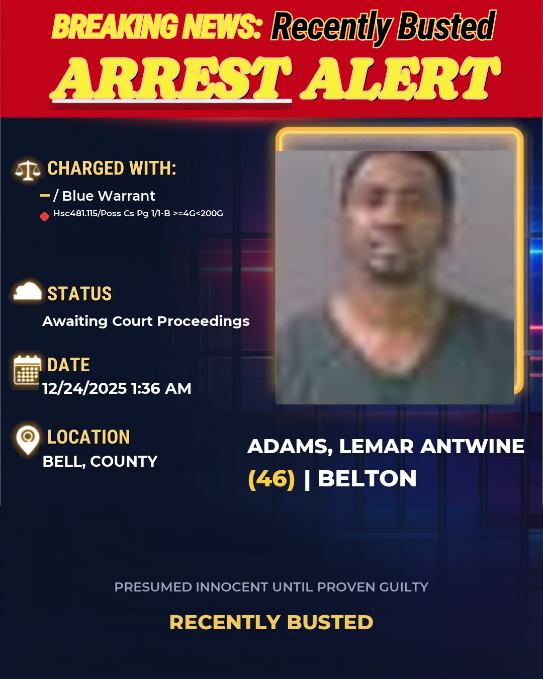 ADAMS, LEMAR ANTWINE ā arrest record card, Bell County