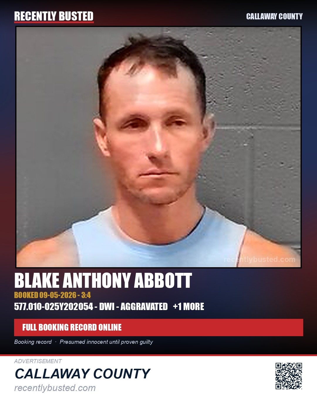 Abbott, Blake Anthony — arrest record card, Callaway County