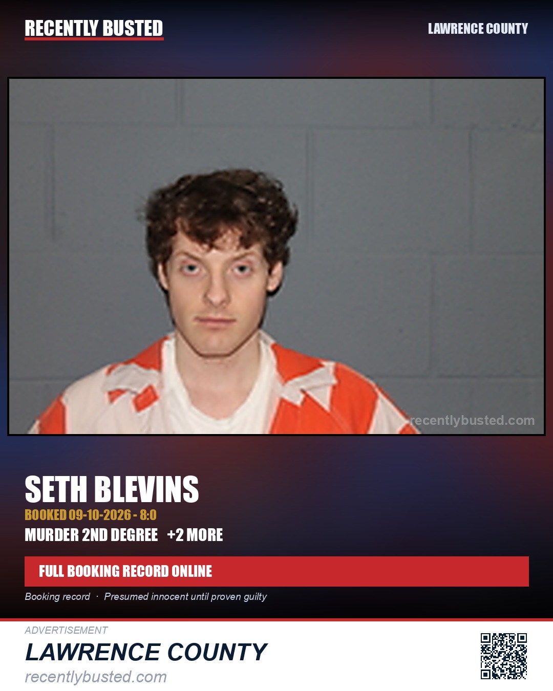 blevins, seth — arrest record card, Lawrence County