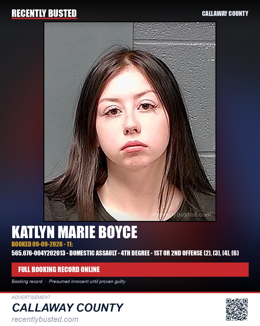 Boyce, Katlyn Marie — arrest record card, Callaway County