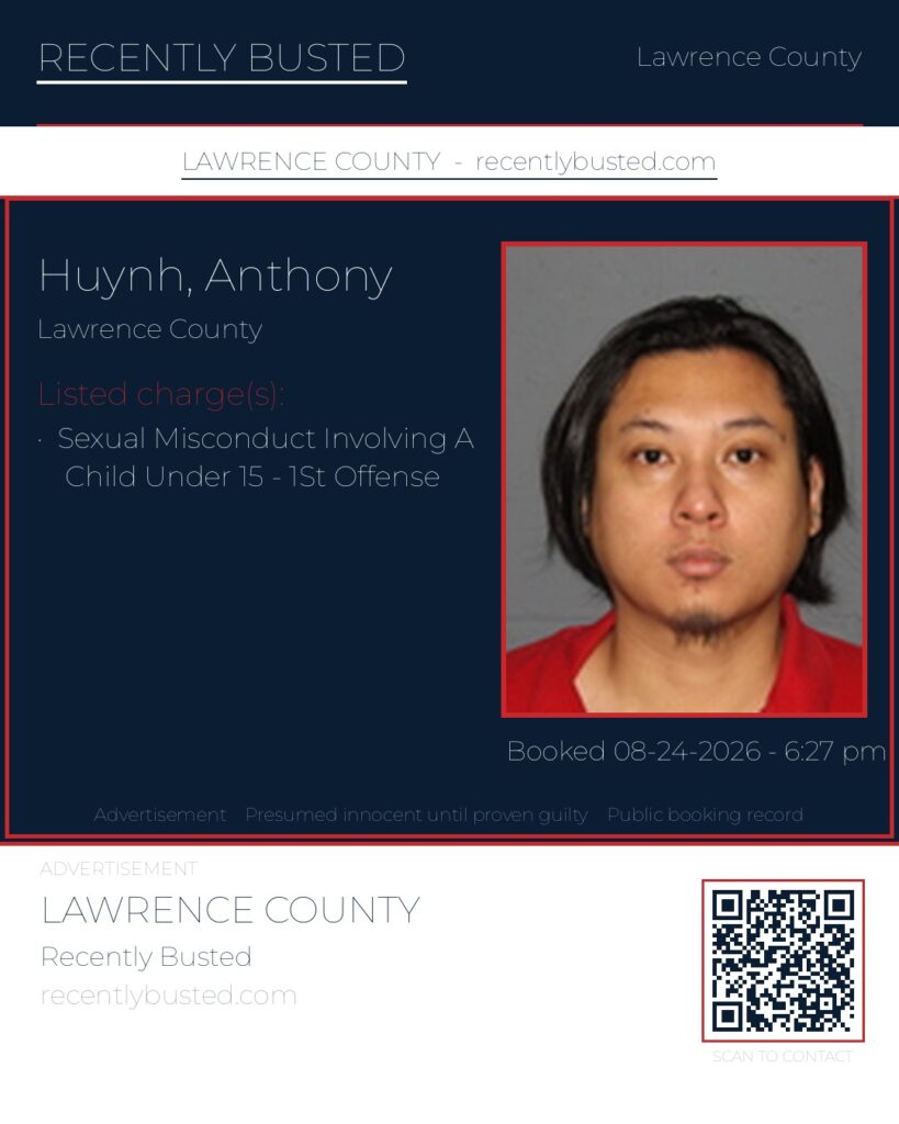 HUYNH, ANTHONY — arrest record card, Lawrence County