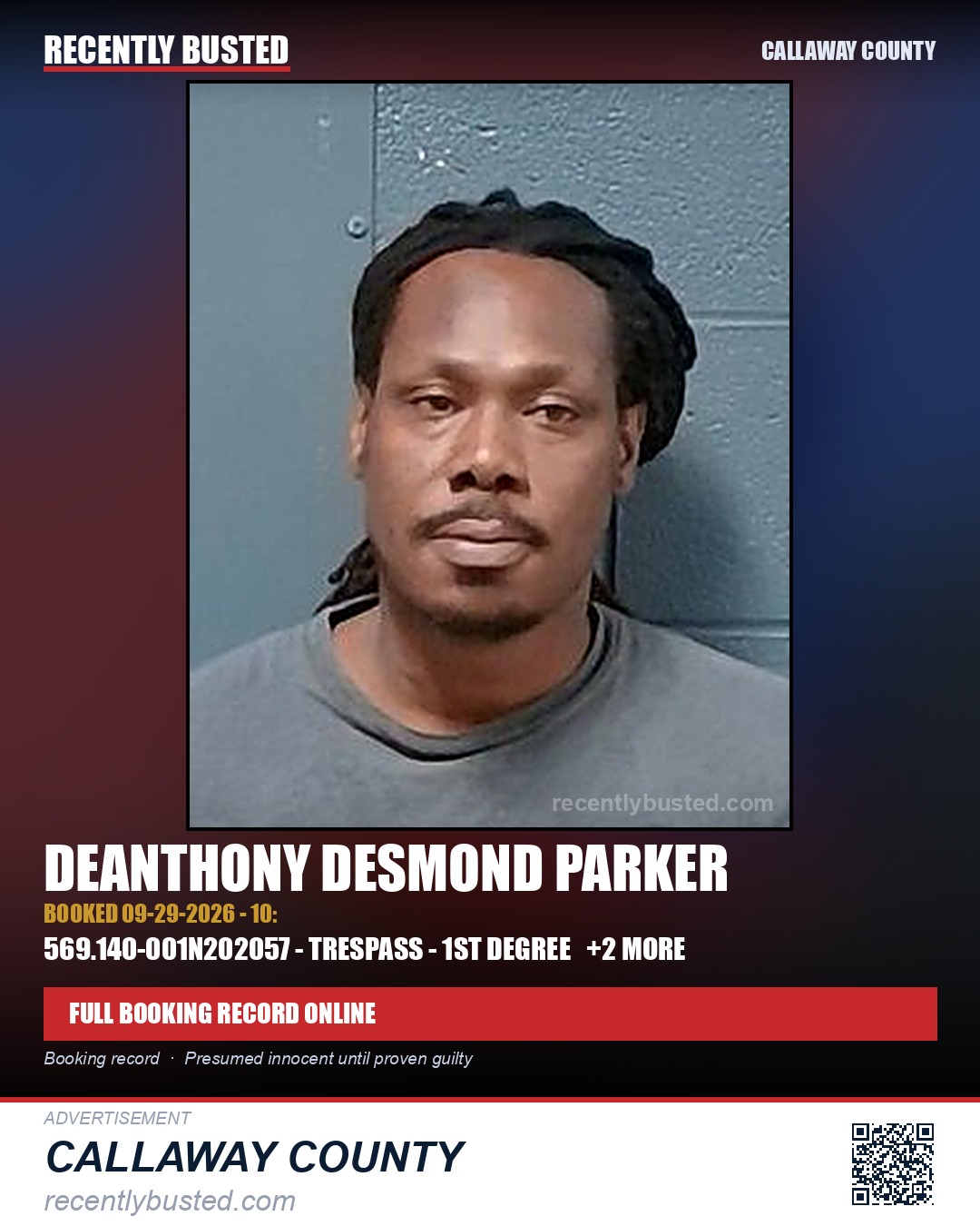 Parker, Deanthony Desmond — arrest record card, Callaway County