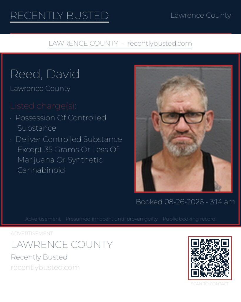 REED, DAVID — arrest record card, Lawrence County
